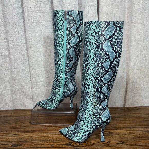 Gianni Bini Turquoise Python Print Genuine Leather Knee High Boots Size 7 N - Picture 1 of 8